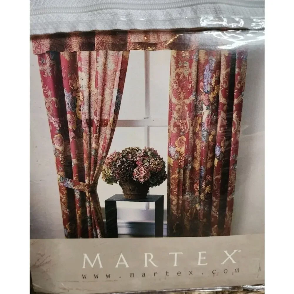 VTG New MARTEX Rod Pocket Lined Drapes Secret Garden Red Floral 84x84